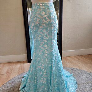 Size 6 white and aqua lace trumpet prom SKIRT ONLY dress with train by Wink Prom